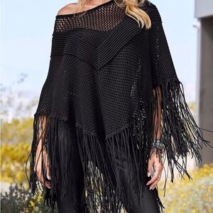 Faux Suede Black Fringe Boston Proper Poncho: S